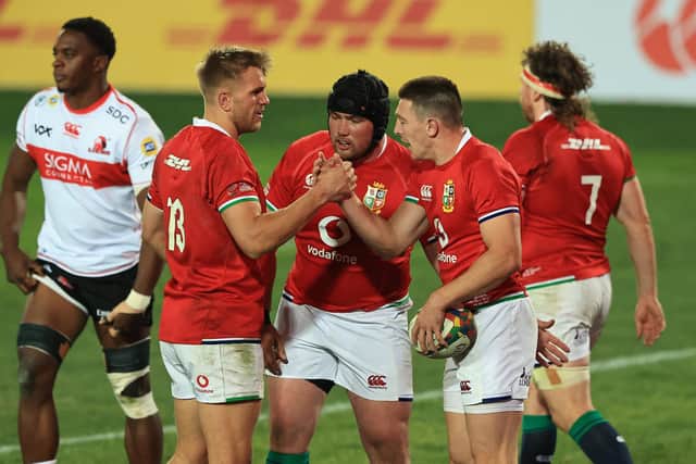 Zander Fagerson, centre, will start for the British & Irish Lions against Sharks after coming off the bench against the Sigma Lions at the weekend. Picture: David Rogers/Getty Images