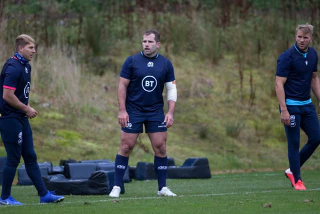 Fraser Brown, centre, prepares for the Georgia game during a training session at Oriam. Picture: Craig Williamson/SNS