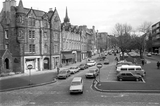 A general view of the Grassmarket looking east towards Victoria Street  in Edinburgh's Old Town taken in February 1982.