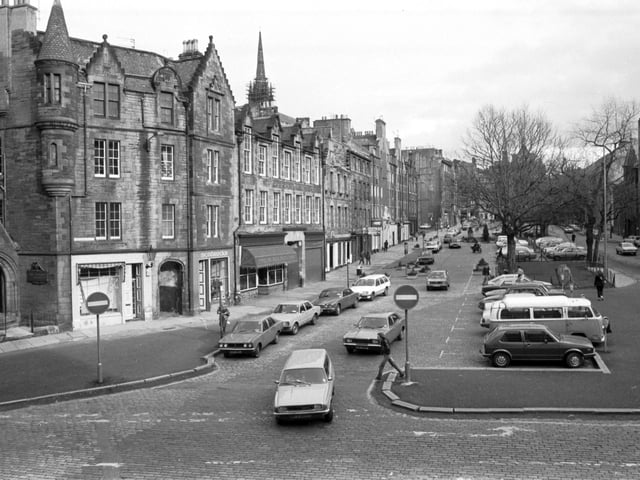A general view of the Grassmarket looking east towards Victoria Street in Edinburgh's Old Town taken in February 1982.