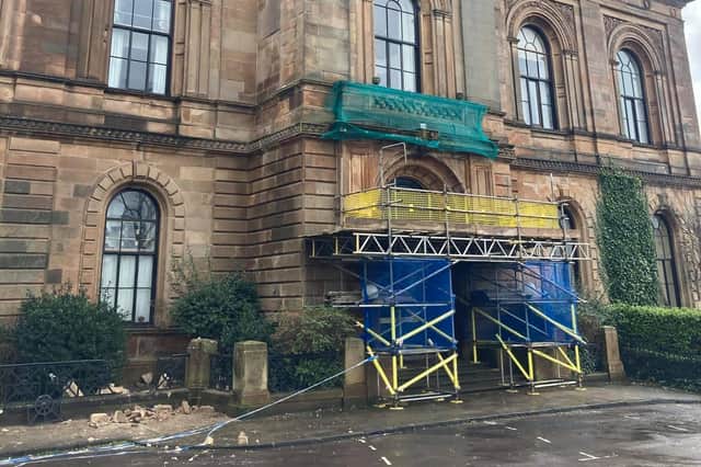 A landmark former church building in Glasgow's West End has been cordoned off after disintegrating stonework broke off and crashed to the ground