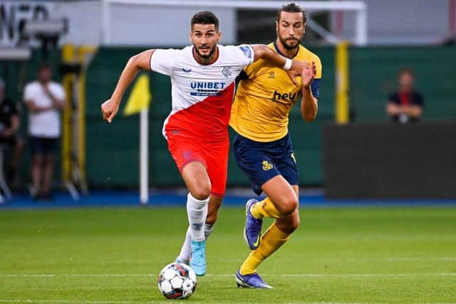 Rangers' Antonio Colak and Union's Christian Burgess fight for the ball (Photo by LAURIE DIEFFEMBACQ/BELGA MAG/AFP via Getty Images)