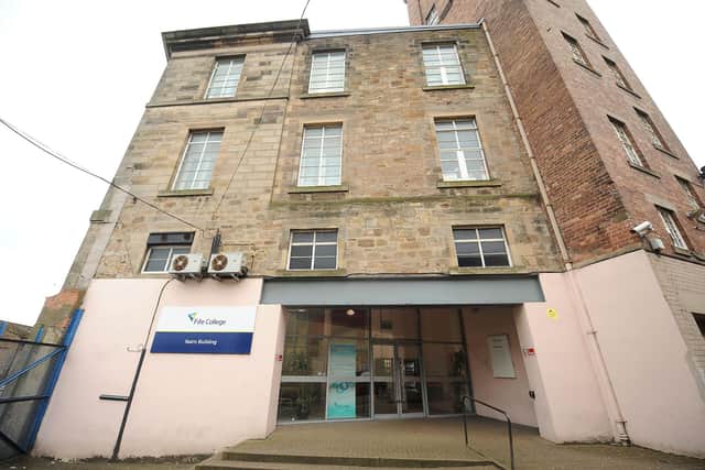The entrance to the former college building in Kirkcaldy which was home to a massive cannabis haul
