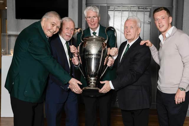 Lisbon Lions (from left) John Hughes, Bobby Lennox, Jim Craig, John Clarke, and Celtic captain Callum McGregor during the 55th Anniversary Lunch to commemorate the club's European Cup victory of 1967. (Photo by Alan Harvey / SNS Group)