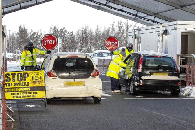 Drive-through Covid vaccinations at Queen Margaret University on the outskirts of Edinburgh in February 2021 (Picture: Lisa Ferguson)