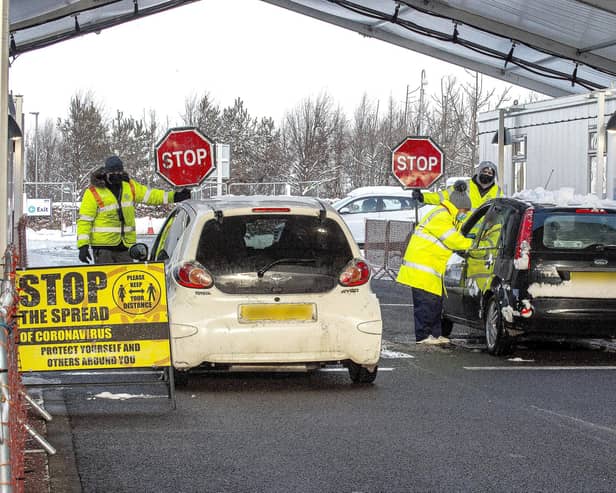 Drive-through Covid vaccinations at Queen Margaret University on the outskirts of Edinburgh in February 2021 (Picture: Lisa Ferguson)