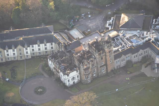 An aerial photograph of Cameron House following the fire. Courtesty of Crown Office.