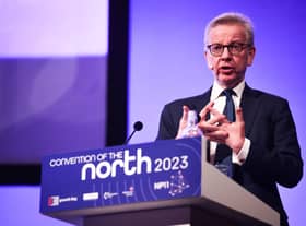 Michael Gove, Secretary of State for Levelling Up, Housing and Communities, speaking at the Convention of the North in Manchester. PIC: James Speakman/PA Wire