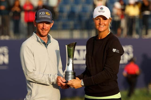 Anna Nordqvist and her caddie, Paul Cormack from Banchory, at Carnoustie. Picture: Andrew Redington/Getty Images.