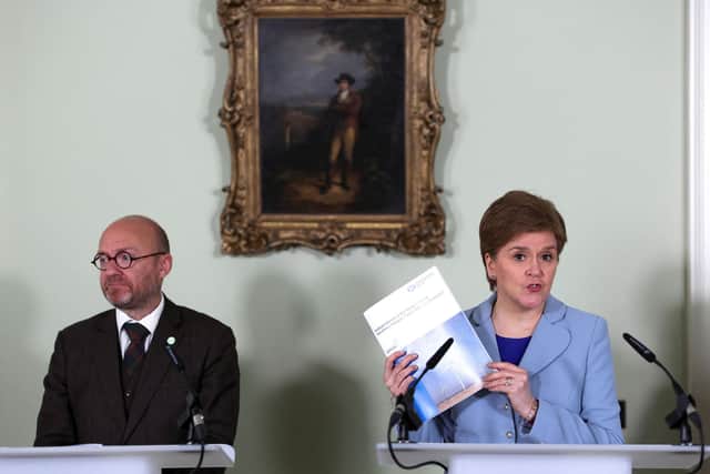 Nicola Sturgeon, with Scottish Green leader Patrick Harvie, launched plans for a second referendum on Scottish independence (Picture: Russell Cheyne/pool/Getty Images)