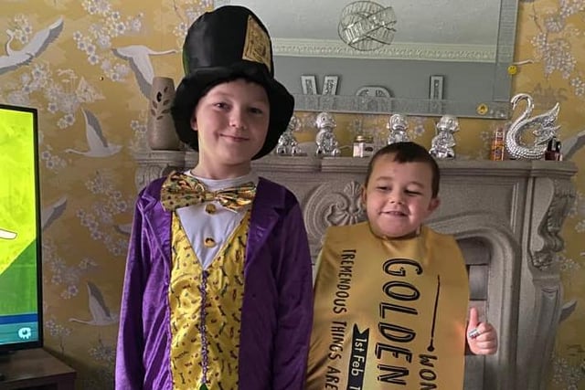 Owen, 7, as Willy Wonka and Alex, 6, as the golden ticket from Charlie and the Chocolate Factory.