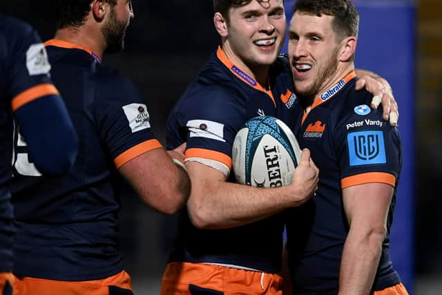 Mark Bennett (right) celebrates his second try with Chris Dean. (Photo by Paul Devlin / SNS Group)