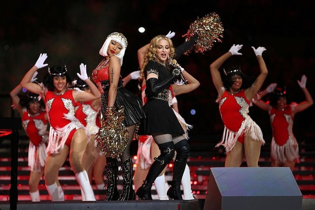 Queen of pop Madonna had no shortage of help for her 2012 show at the Super Bowl XLVI Halftime Show at Indianapolis' Lucas Oil Stadium. LMFAO, Cirque du Soleil, Nicki Minaj, M.I.A. and Cee Lo Green all appeared on stage with her in a performance that has been watched 33 million times.
