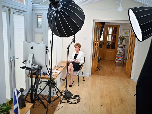 First Minister Nicola Sturgeon appearing on the BBC1 current affairs programme, The Andrew Marr Show from her home in Glasgow.