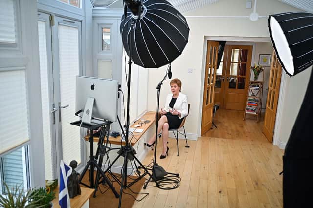 First Minister Nicola Sturgeon appearing on the BBC1 current affairs programme, The Andrew Marr Show from her home in Glasgow.