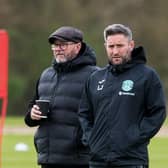 Hibs manager Lee Johnson (R) with his father Gary during a training session at the Hibernian Training Centre, on May 04, 2023, in Edinburgh, Scotland.  (Photo by Ross Parker / SNS Group)