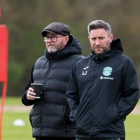 Hibs manager Lee Johnson (R) with his father Gary during a training session at the Hibernian Training Centre, on May 04, 2023, in Edinburgh, Scotland.  (Photo by Ross Parker / SNS Group)