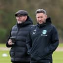 Hibs manager Lee Johnson (R) with his father Gary during a training session at the Hibernian Training Centre, on May 04, 2023, in Edinburgh, Scotland.  (Photo by Ross Parker / SNS Group)