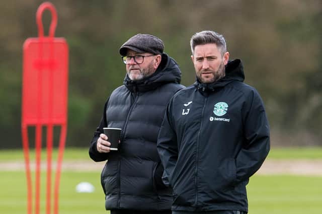Hibs manager Lee Johnson (R) with his father Gary during a training session at the Hibernian Training Centre, on May 04, 2023, in Edinburgh, Scotland.  (Photo by Ross Parker / SNS Group)