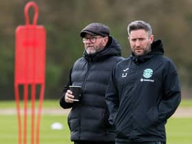 Hibs manager Lee Johnson (R) with his father Gary during a training session at the Hibernian Training Centre, on May 04, 2023, in Edinburgh, Scotland.  (Photo by Ross Parker / SNS Group)