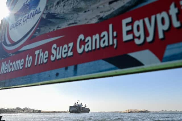 A ship transits the Suez Canal towards the Red Sea in Ismailia, Egypt. In the wake of Israel's war on Gaza after the October 7 Hamas attack on Israel, Houthi rebels in Yemen pledged disruption on all ships destined for Israel through the Red Sea's Suez Canal. The disruption on world trade is evident in the number of companies using this container ship route - a 90 per cent decline compared to figures one year ago.