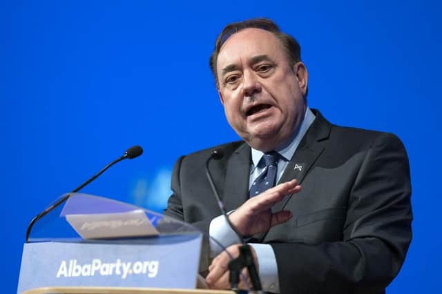 Alex Salmond delivers his leaders speech during the first annual conference for the Alba Party at Greenock Town Hall, Greenock, Inverclyde.