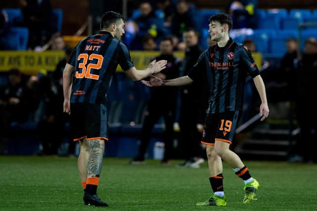 Dundee United's Dylan Levitt takes acclaim from Tony Watt after netting the winner against Kilmarnock. (Photo by Sammy Turner / SNS Group)