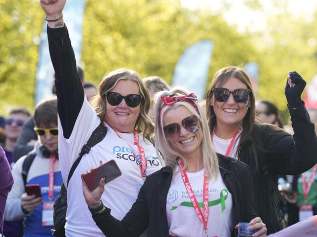 Kiltwalkers head off from start line at Glasgow Green in the biggest ever Kiltwalk, 28th April 2024