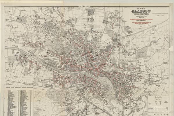 A 'drink map' of Glasgow map printed in 1884 showing the density of public houses, licensed grocers churches and branches of the Glasgow United Young Men's Christian Association.  (credit: National Library of Scotland)