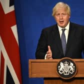 Britain's Prime Minister Boris Johnson gives an update on relaxing restrictions imposed on the country. Picture: Daniel Leal-Olivas/POOL/AFP via Getty Images