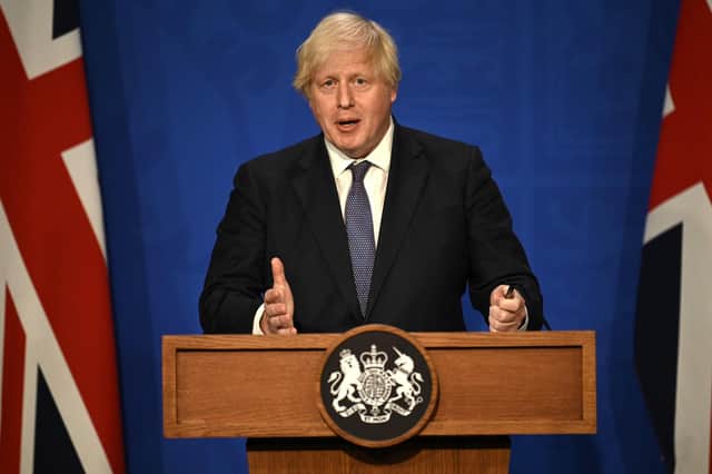 Britain's Prime Minister Boris Johnson gives an update on relaxing restrictions imposed on the country. Picture: Daniel Leal-Olivas/POOL/AFP via Getty Images