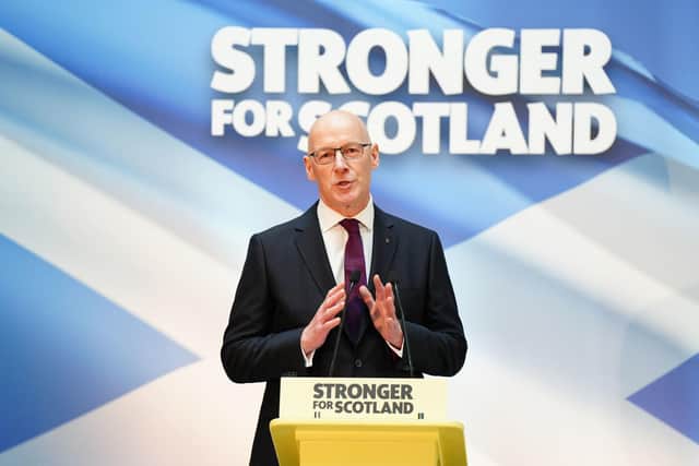 Newly elected leader of the SNP, John Swinney, delivers his acceptance speech at the Advanced Research Centre at Glasgow University. Picture: Jane Barlow/PA Wire
