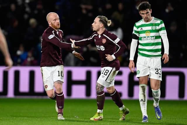 Hearts' Liam Boyce (left) celebrates making it 1-2 with Barrie McKay during a cinch Premiership match between Hearts and Celtic at Tynecastle, on January 26, 2022, in Edinburgh, Scotland. (Photo by Rob Casey / SNS Group)