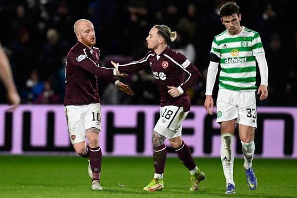 Hearts' Liam Boyce (left) celebrates making it 1-2 with Barrie McKay during a cinch Premiership match between Hearts and Celtic at Tynecastle, on January 26, 2022, in Edinburgh, Scotland. (Photo by Rob Casey / SNS Group)
