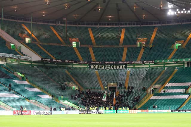 Members of the Green Brigade get the chills with a sit in protest against the reported appointment of Bernard Higgins following Celtic's 2-1 win over Aberdeen. (Photo by Craig Williamson / SNS Group)