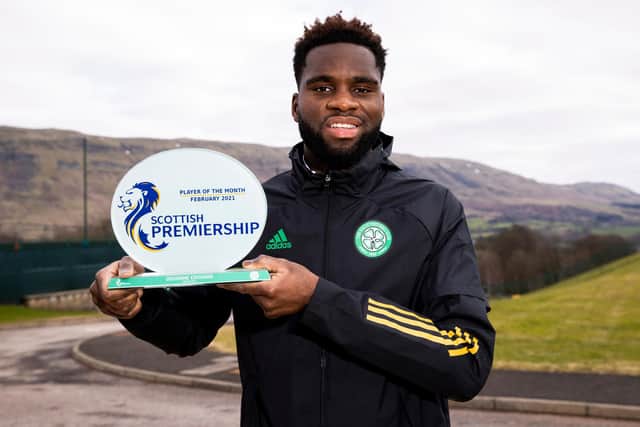Celtic striker Odsonne Edouard pictured with his Scottish Premiership player of the month award for February at the club's Lennoxtown training ground on Friday. (Photo by Craig Williamson / SNS Group)