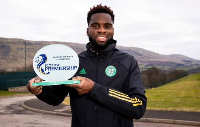 Celtic striker Odsonne Edouard pictured with his Scottish Premiership player of the month award for February at the club's Lennoxtown training ground on Friday. (Photo by Craig Williamson / SNS Group)