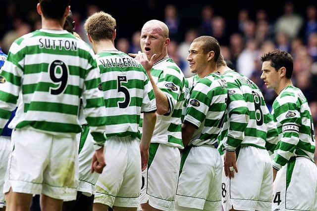 John Hartson, Henrik Larsson, April 27, 2003. (Photo by Jamie McDonald/Getty Images)