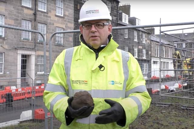 A giant cannonball believed to have been fired at a church during the Siege of Leith in the 16th century has been uncovered during the archaeology dig on the site of the tram line.