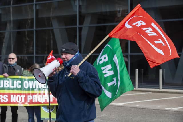 RMT Regional Organiser Mick Hogg, speaks outside Glasgow Queen Street Station as ScotRail transfers from Dutch firm Abellio into public ownership. Photo: PA.