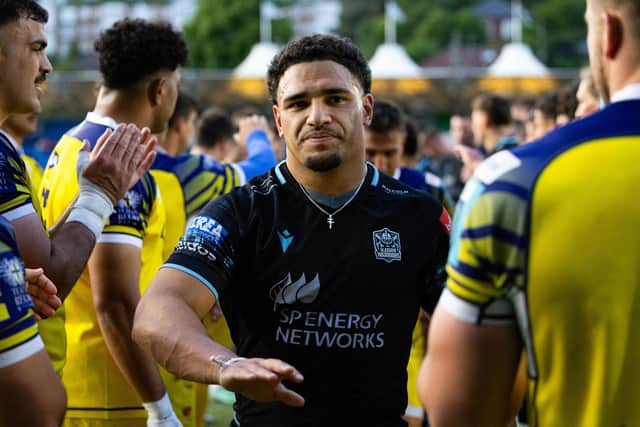 Glasgow Warriors' Sione Tuipulotu at full time after the BKT URC match against Zebre Parma at Scotstoun which Glasgow won 38-26. (Photo by Ross Parker / SNS Group)