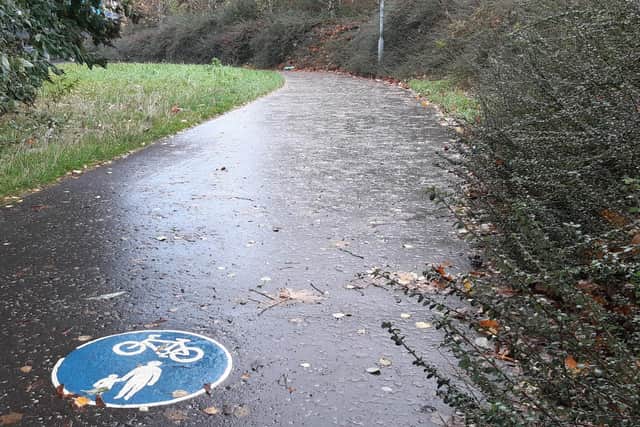 A shared path sign near the Riverside Museum in Glasgow alerting walkers and riders on a section with limited visibility. Picture: The Scotsman
