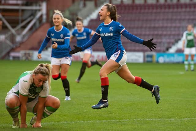 Kirsty Howat celebrates after putting Rangers 2-0 up during the SWPL Sky Sports Cup final against Hibs at Tynecastle Park. (Photo by Mark Scates / SNS Group)