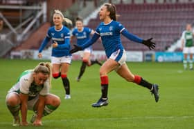 Kirsty Howat celebrates after putting Rangers 2-0 up during the SWPL Sky Sports Cup final against Hibs at Tynecastle Park. (Photo by Mark Scates / SNS Group)