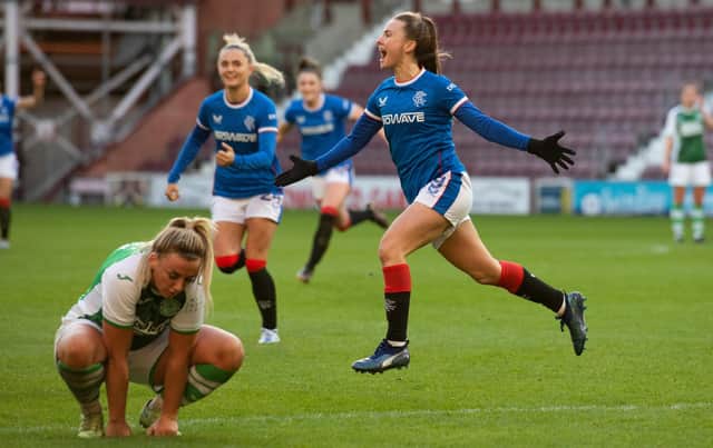 Kirsty Howat celebrates after putting Rangers 2-0 up during the SWPL Sky Sports Cup final against Hibs at Tynecastle Park. (Photo by Mark Scates / SNS Group)