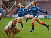 Kirsty Howat celebrates after putting Rangers 2-0 up during the SWPL Sky Sports Cup final against Hibs at Tynecastle Park. (Photo by Mark Scates / SNS Group)
