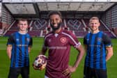 From left, Cammy Devlin, Beni Baningime and Stephen Kingsley wear the Succession-inspired shirts. Pic: Sandy Young/scottishphotographer.com
