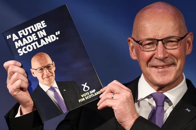 John Swinney launched the SNP manifesto in Edinburgh yesterday with familiar rhetoric about independence (Picture: Jeff J Mitchell/Getty Images)