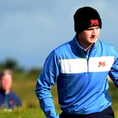 Sandy Scott of GB & Ireland celebrates holing a putt during day the 2019 Walker Cup at Royal Liverpool. Picture: Richard Martin-Roberts/R&A/R&A via Getty Images.