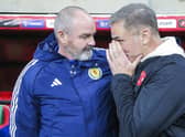 Scotland's head coach Steve Clarke, left, talks to Turkey' counterpart Stefan Kuntz prior the kick-off at the Diyarbakir Stadium. (AP Photo)